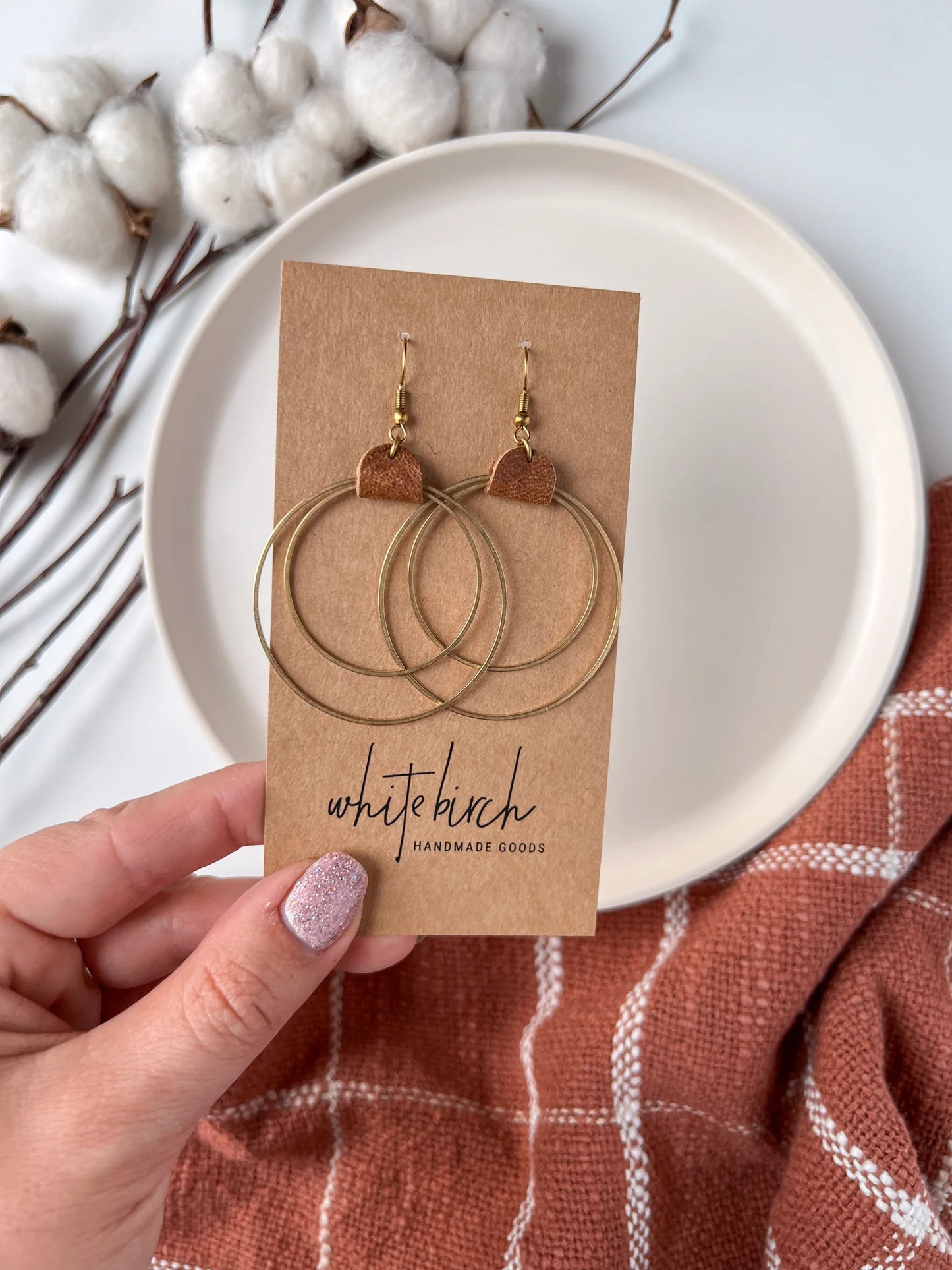 Distressed Brown Leather & Brass Circles Earrings